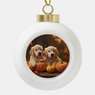 Boule En Céramique Chiots Golden Retriever Automne Délice Citrouille