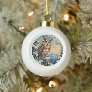Boule En Céramique Chouette effraie vintage sur clôture gelée de Noël