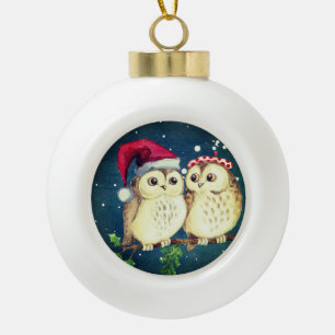 Boule En Céramique Chouettes de Noël en amour doux