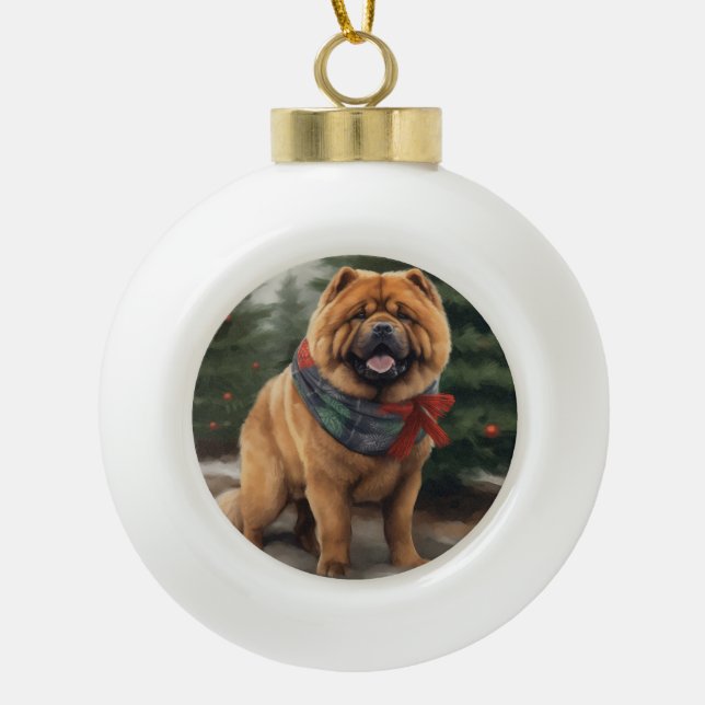 Boule En Céramique Chow Chow Chien de Noël en neige (Devant)