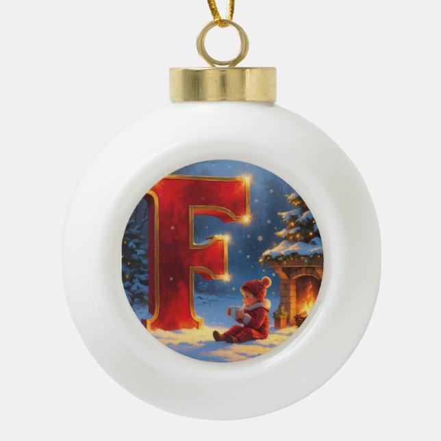 Boule En Céramique Christmas Letter F Ornament | Red Gold Monogram (Devant)