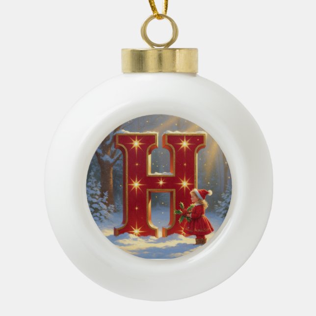 Boule En Céramique Christmas Letter H Ornament | Red Gold Monogram (Devant)