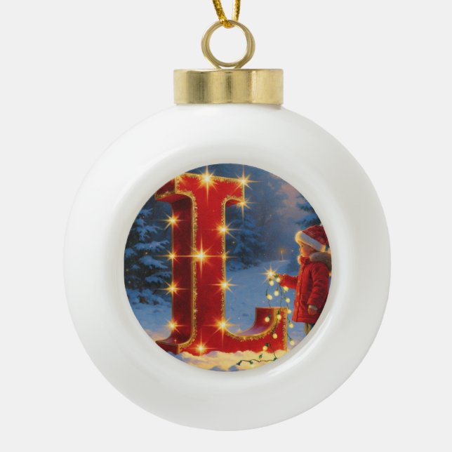 Boule En Céramique Christmas Letter L Ornament | Red Gold Monogram (Devant)