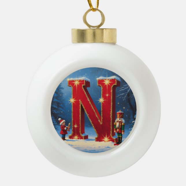 Boule En Céramique Christmas Letter N Ornament | Red Gold Monogram (Devant)