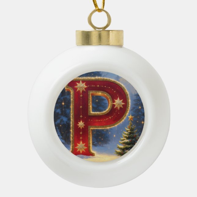 Boule En Céramique Christmas Letter P Ornament | Red Gold Monogram (Devant)