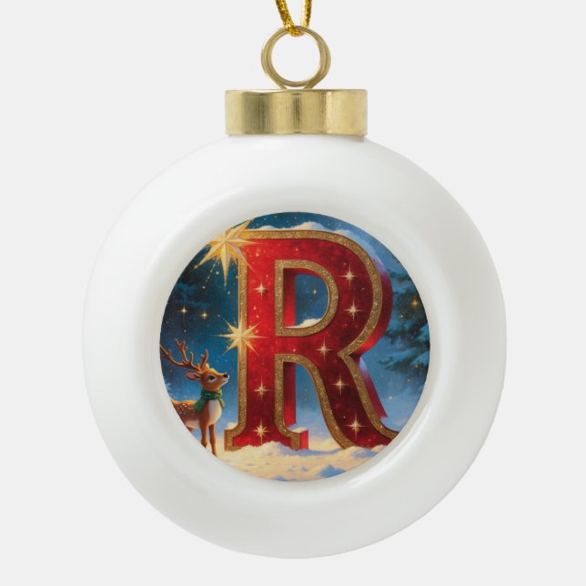 Boule En Céramique Christmas Letter R Ornament | Red Gold Monogram (Devant)