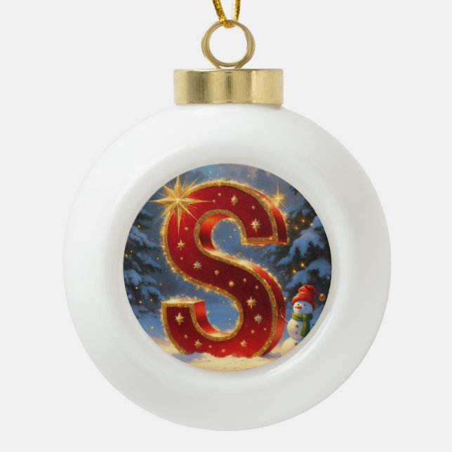 Boule En Céramique Christmas Letter S Ornament | Red Gold Monogram (Devant)
