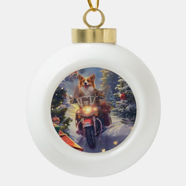 Boule En Céramique Corgi Chien équitation Moto Noël (Devant)