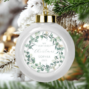 Boule En Céramique Couronne d'eucalyptus pour le premier Noël de bébé