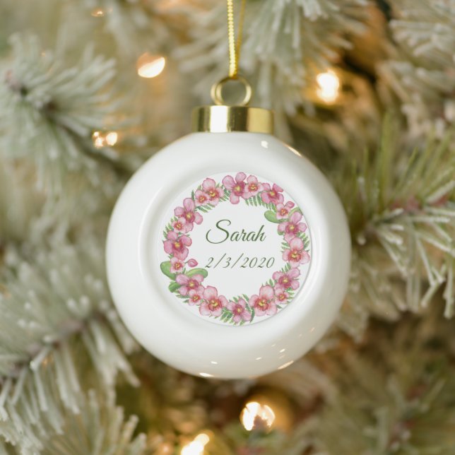 Boule En Céramique Couronne florale rose et verte personnalisée (Arbre)