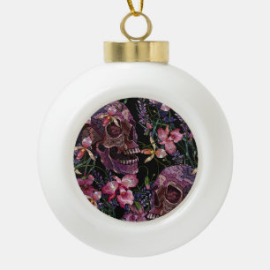 Boule En Céramique Crâne brodé : Motif gothique de l'orchidée