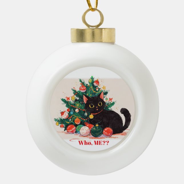 Boule En Céramique Cute Kitten noir à l'air coupable - Noël (Devant)