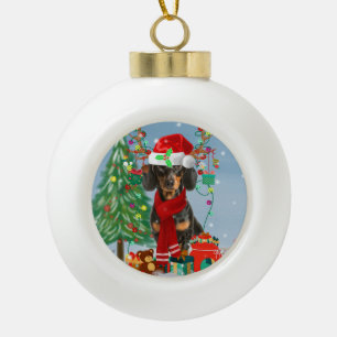 Boule En Céramique Dachshund Chien en neige avec cadeaux de Noël