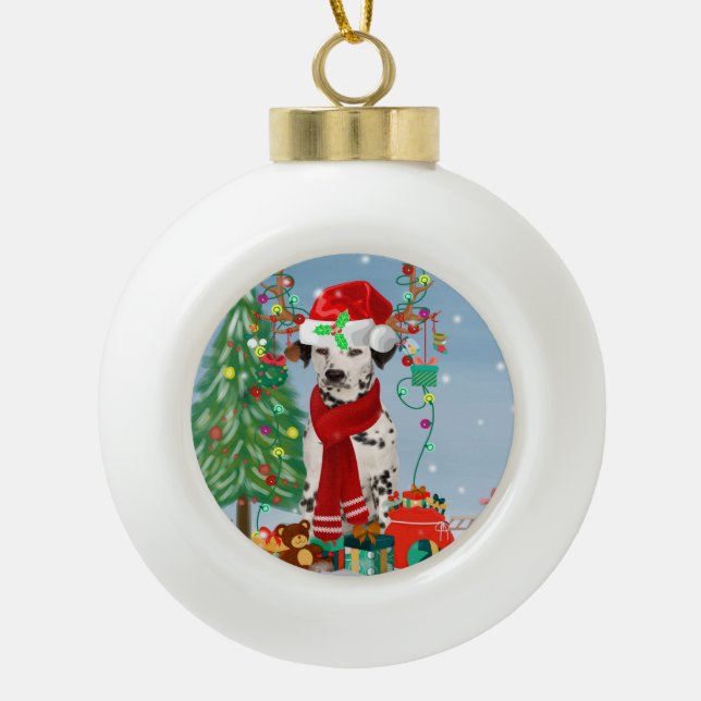 Boule En Céramique Dachshund Chien en neige avec cadeaux de Noël (Devant)