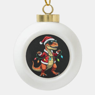 Boule En Céramique Dinosaure enveloppé de lumières de Noël Santa Hat