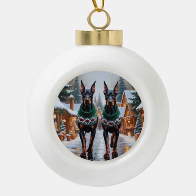Boule En Céramique Doberman Dogs Christmas Snow Holiday  (Devant)