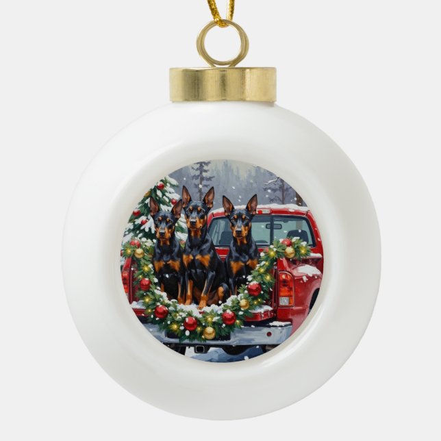 Boule En Céramique Doberman Pinscher Christmas Red Truck Holiday (Devant)