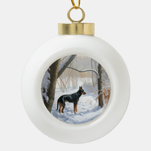 Boule En Céramique Doberman Pinscher Laissez Tomber la Neige Noël