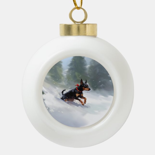 Boule En Céramique Doberman Pinscher neige de Noël hiver (Devant)