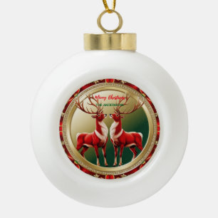 Boule En Céramique Élégant Cerf Élan Rouge Or Neige joyeux Noël fête