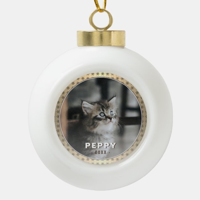Boule En Céramique Élégante photo de chat Noël métal doré  (Devant)