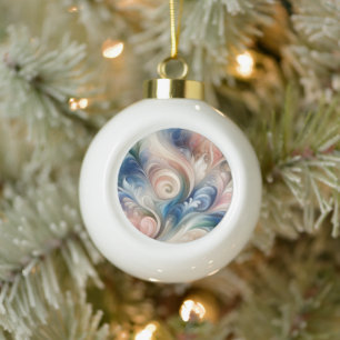 Boule En Céramique Fantaisie Florale Aquarelle Bleu Pastel et Crème