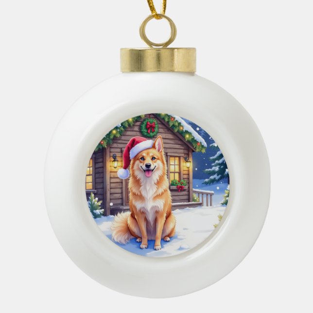 Boule En Céramique Finnish Spitz Snowy Cabin Santa Hat Christmas Art (Devant)