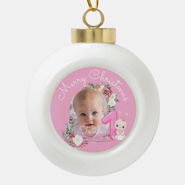 Boule En Céramique First Christmas Pink Baby Girl Photo floral (Devant)