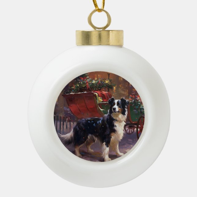 Boule En Céramique Frontière Collie Festive de Noël (Devant)