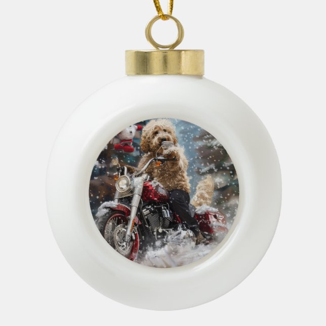 Boule En Céramique Goldendoodle Chien équitation Moto Noël (Devant)