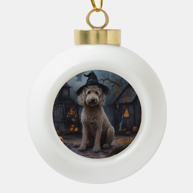 Boule En Céramique Goldendoodle Citrouille Halloween effrayant (Devant)