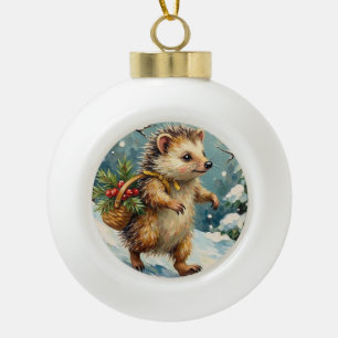 Boule En Céramique Hérisson vintage avec panier de baies de Noël