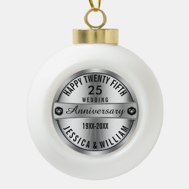 Boule En Céramique heureux 25e anniversaire Mariage argent et diamant (Devant)
