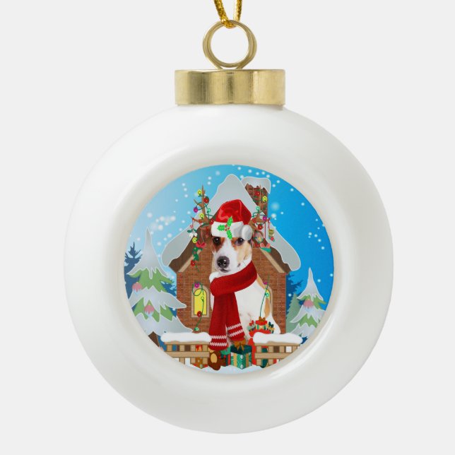 Boule En Céramique Jack Russell chien avec cadeaux de Noël (Devant)