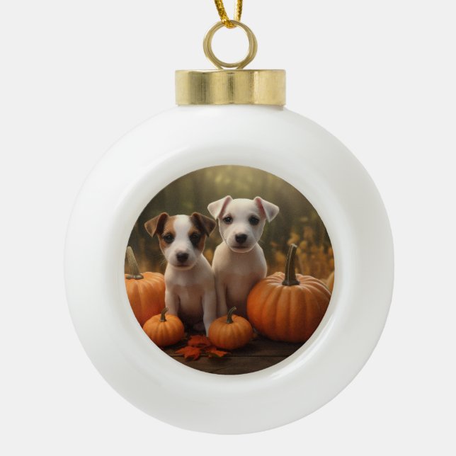 Boule En Céramique Jack Russell Puppy Automne Citrouille de plaisir (Devant)