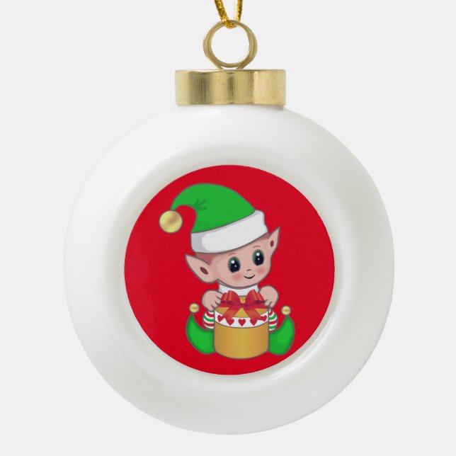 Boule En Céramique Joli elfe de Noël & boîte cadeau sur rouge (Devant)