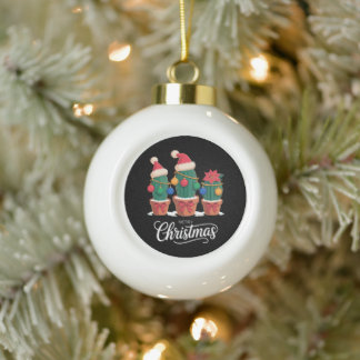 Boule En Céramique Joyeux Noël Cactus Chapeau de Père Noël Poinsettia