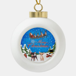 Boule En Céramique Joyeux Noël Chihuahua avec Père Noël
