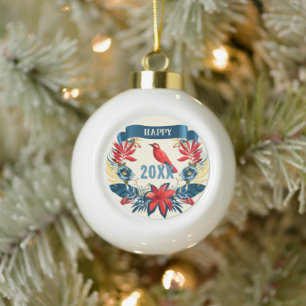 Boule En Céramique Joyeux Noël et Bonne Année ! Oiseau rouge 2024