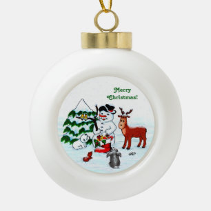 Boule En Céramique Joyeux Noël ! Snowman avec amis
