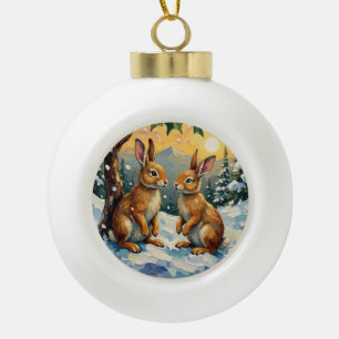 Boule En Céramique Lapins Vintage sous l'arbre de houx Noël