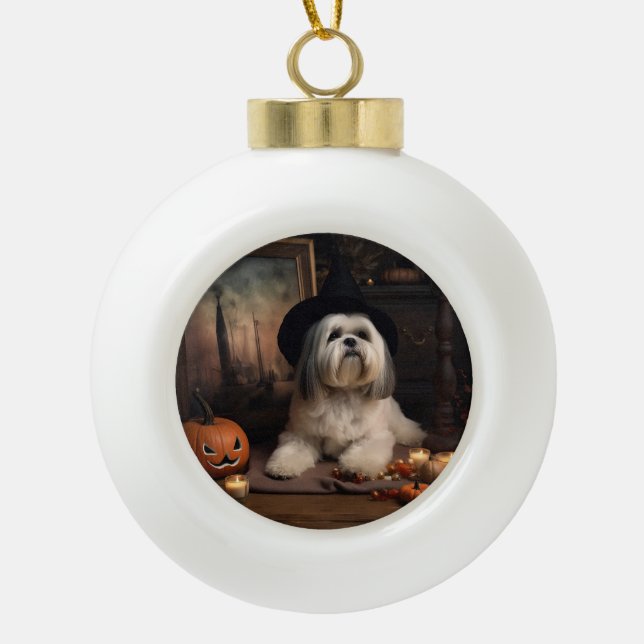 Boule En Céramique Lhasa Apso Citrouille Halloween effrayant (Devant)