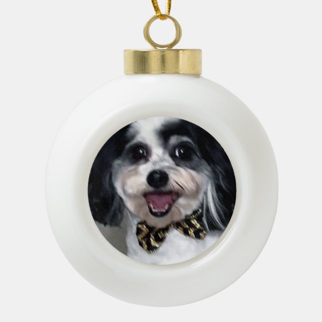 Boule En Céramique L'Ornement de Noël du chien mignon, Cravate de bow (Devant)