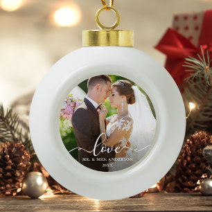 Boule En Céramique Love Elegant Script Mariage Photo Mr et Mrs.
