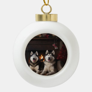 Boule En Céramique Malamute en Alaska près de la cheminée Noël