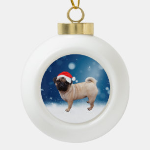 Boule En Céramique Mignonne chien Carlin Noël Père Noël Chapeau Neige
