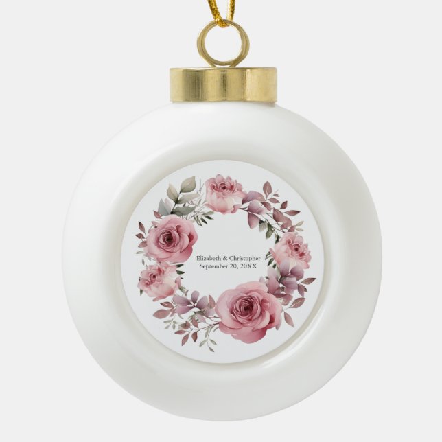Boule En Céramique Monogramme Roses roses roses vertes Aquarelle Mari (Devant)