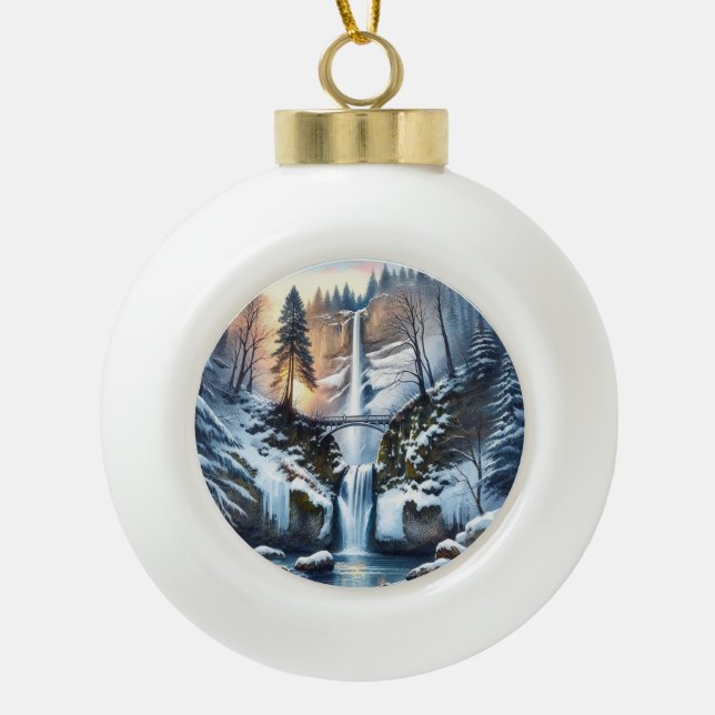 Boule En Céramique Multnomah Falls Snowy Christmas Tree (Devant)