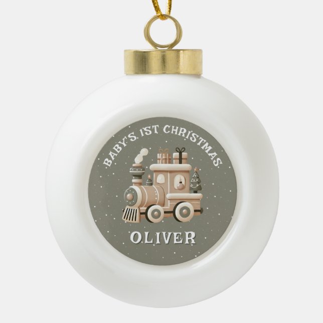 Boule En Céramique Neutral Baby’s 1st Christmas Train Keepsake Photo (Devant)