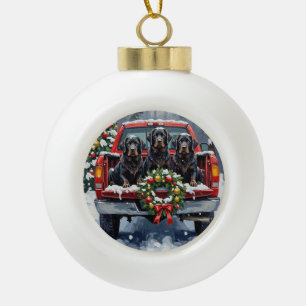 Boule En Céramique Noël camion rouge Terre-Neuve noir Fêtes